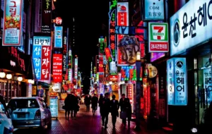 South Korea Travelers exploring South Korea at night, captivated by the vibrant neon signs adorning the streets.