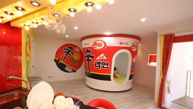 South Korea A kitchen in South Korea with a ramen cup on the wall.