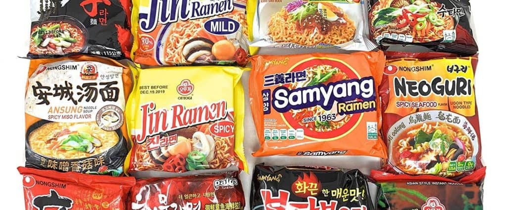 South Korea A variety of south korean noodle packets on a white background.
