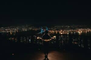 woman in black dress standing on brown wooden dock during night time