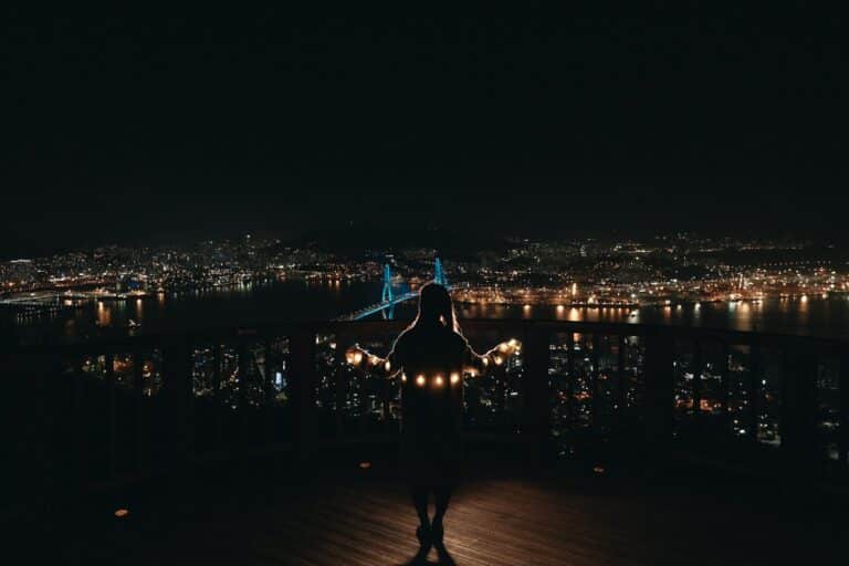 woman in black dress standing on brown wooden dock during night time